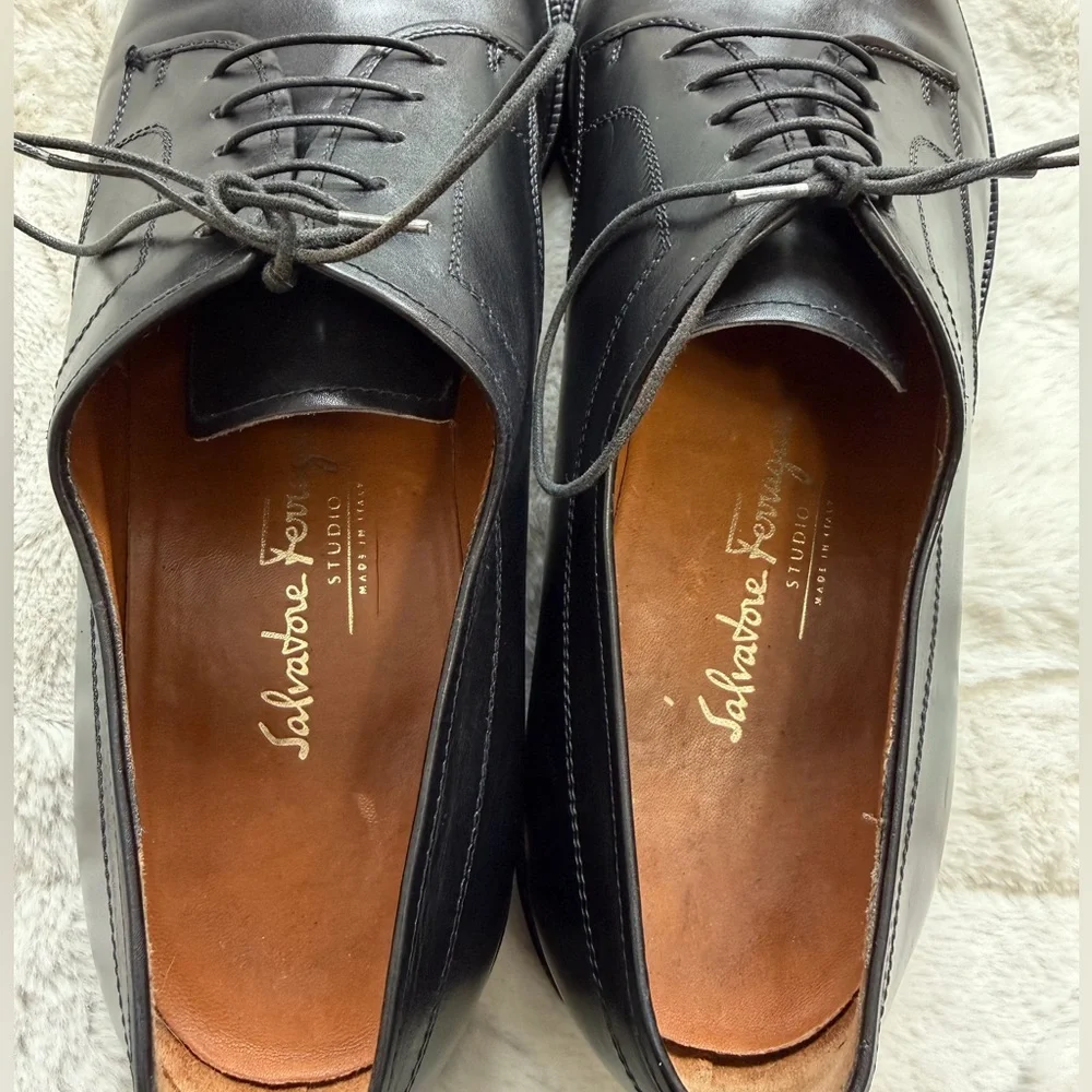 Salvatore Ferragamo Black Perforated Cap-Toe Derby Shoes